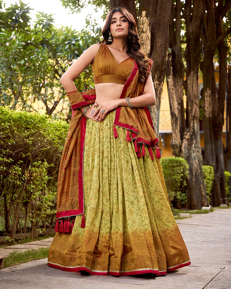 Womenline Copper Color Vichitra Silk Printed Lehenga Choli