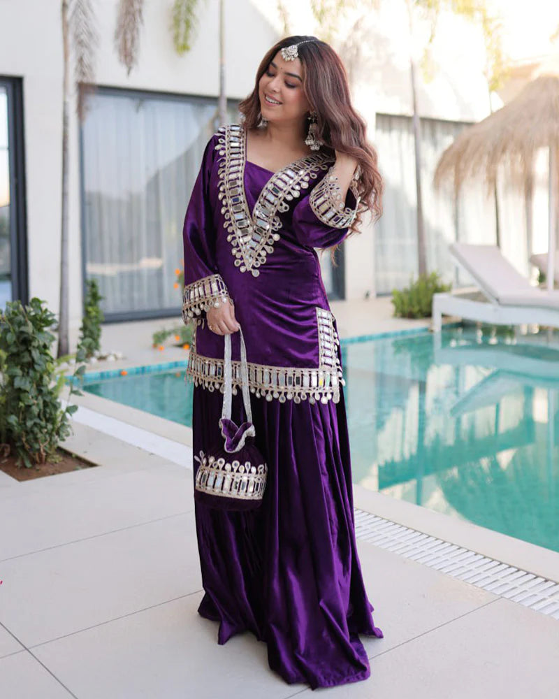 Womenline Deep Violet Color Ice Velvet Embroidered Plazzo Suit
