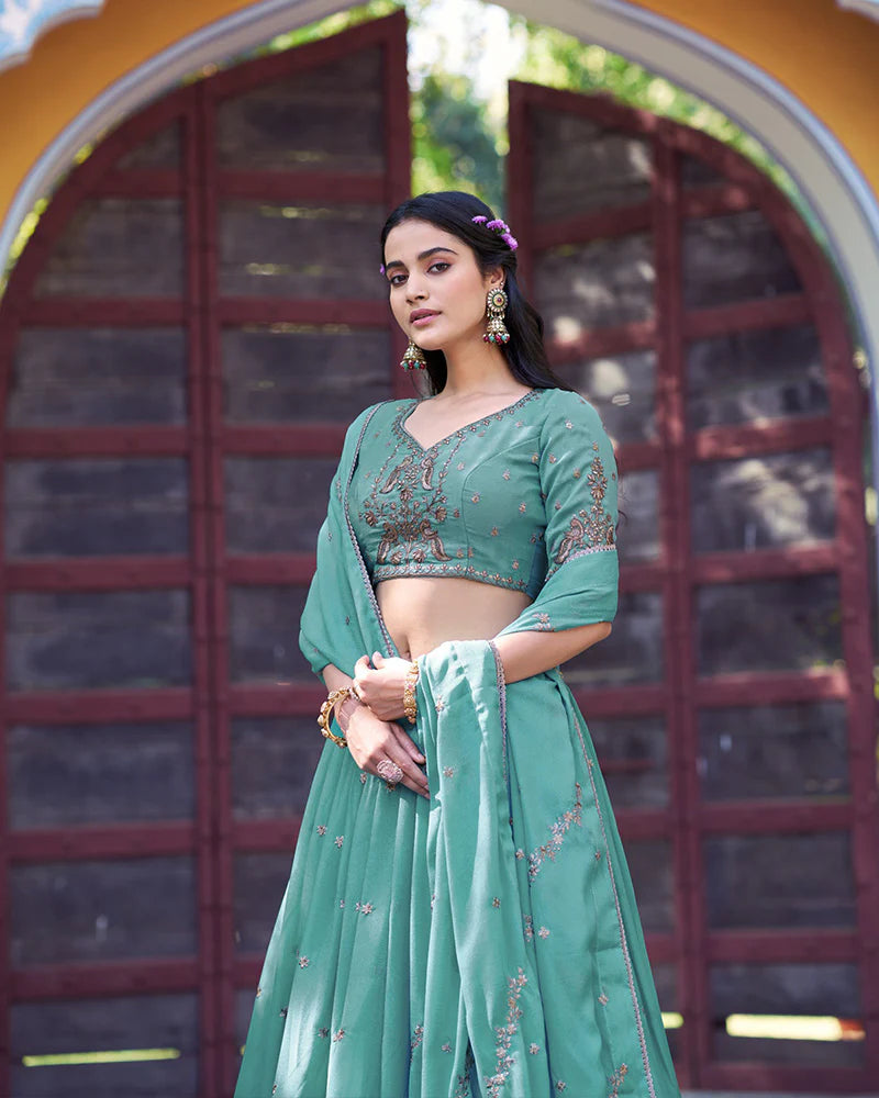 Womenline Sky Blue Color Star Georgette Embroidered Lehenga Choli