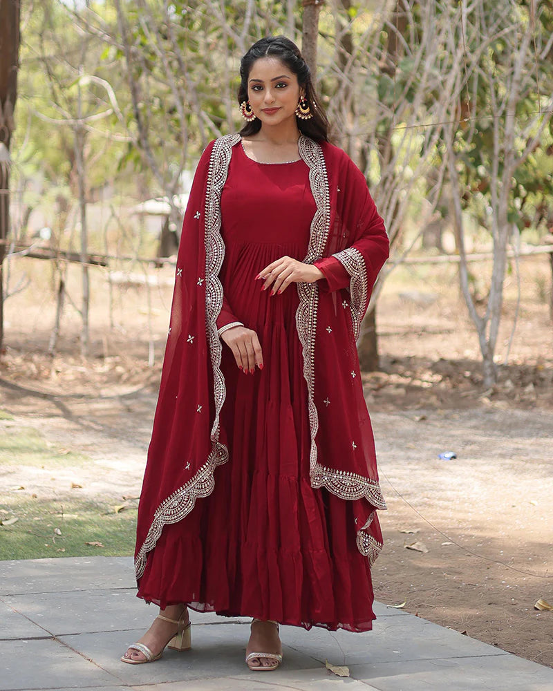 Womenline Maroon Color Designer Embroidered Gown With Dupatta