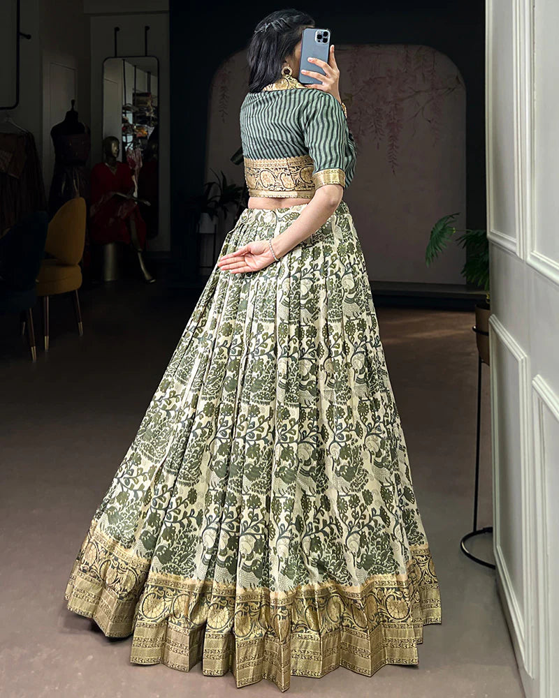 Womenline Green Color Tasar Silk Viscose Printed Lehenga Choli