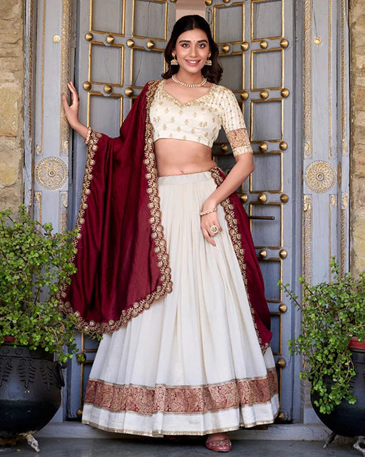 Womenline Off White Color Vichitra Silk Sequins Lehenga Choli