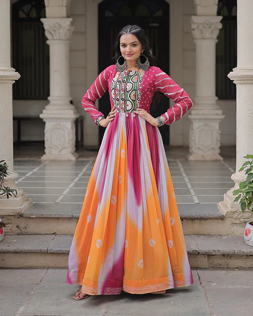 Womenline Pink Color Faux Georgette Bandhej Print Navratri Gown