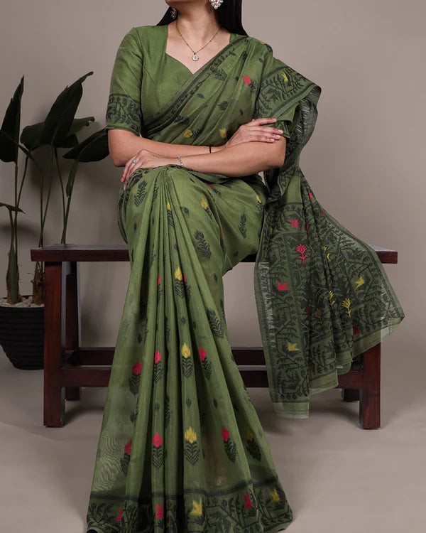 Womenline Mehndi Color Thread Weaving Poly Cotton Saree