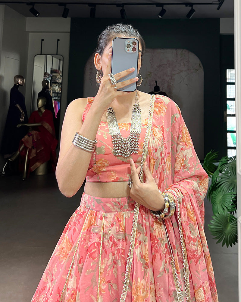 Womenline Peach Color Chiffon Printed Lehenga Choli