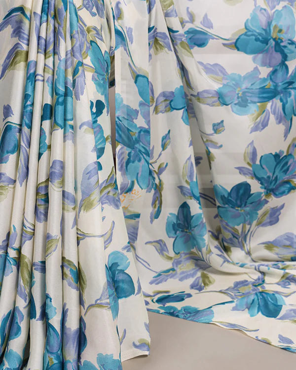 Womenline Sky Blue Color Satin Silk Floral Printed Saree