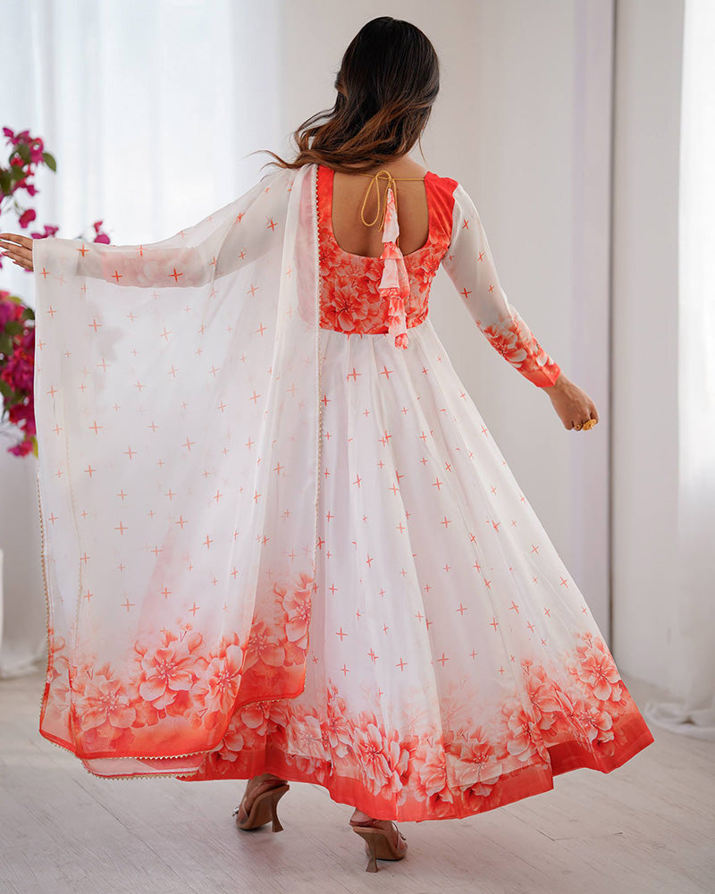 Womenline Orange Color Flower Print Tabby Organza Anarkali Suit