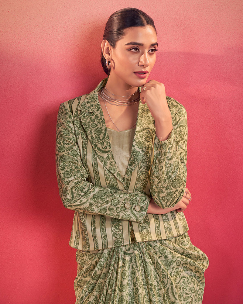 Womenline Pista Green Printed Jacket Style Indo-Western Co-Ord Set