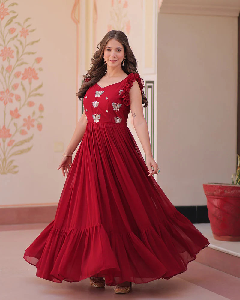 Womenline Red Color Faux Blooming Embroidered work Gown
