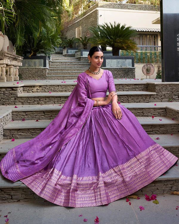 Womenline Purple Color Pure Chanderi Plain Navratri Half Saree