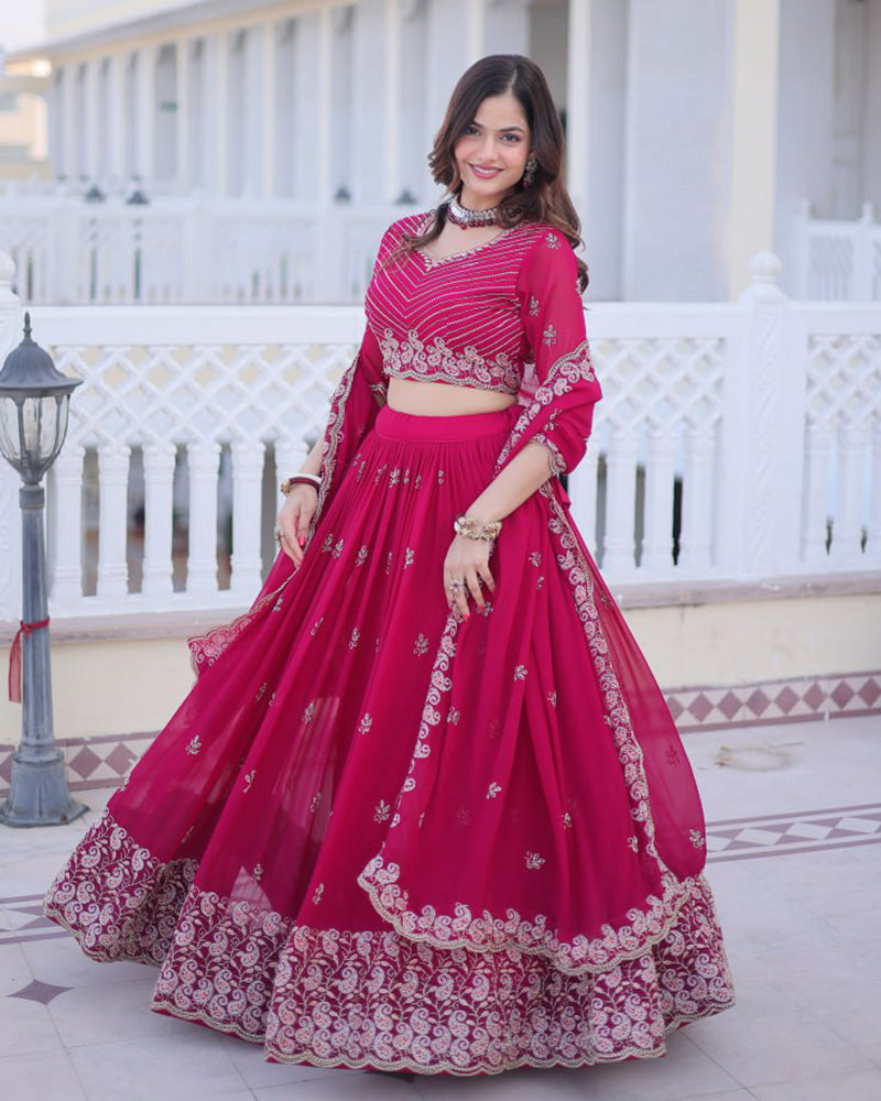 Womenline Cherry Rose Color Blooming Embroidered Lehenga Choli