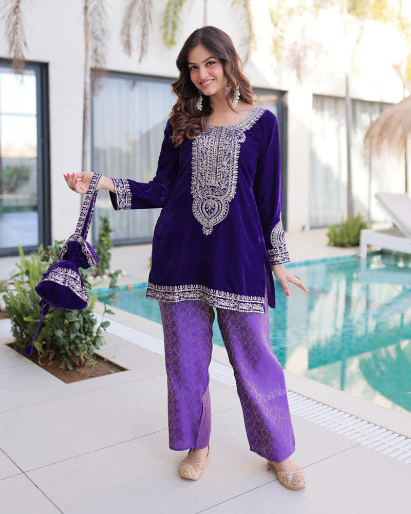 Womenline Purple Color Velvet Embroidered Kurti Suit