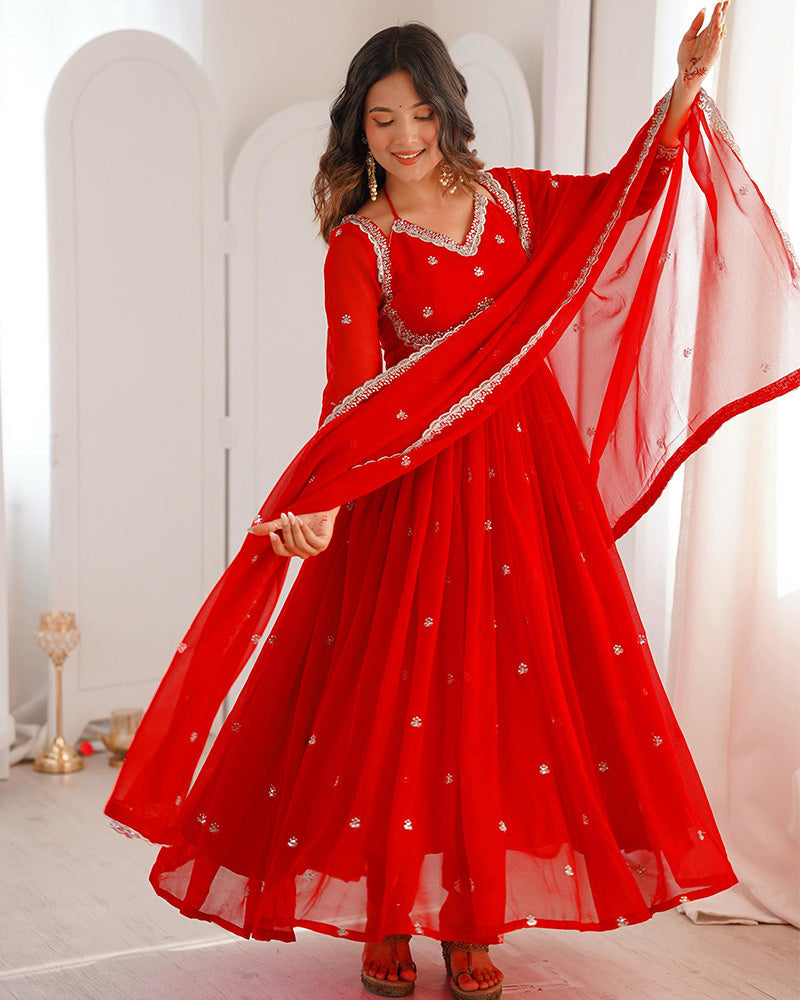 Womenline Red Color Georgette Sequence Embroidered Anarkali Suit