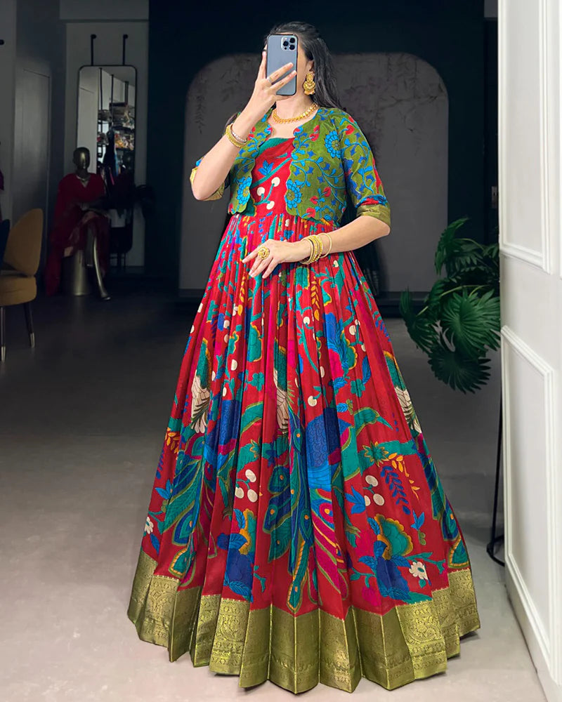 Womenline Maroon Color Tasar Silk Printed Gown With Koti