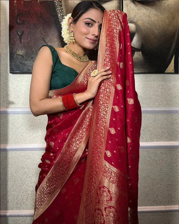 Womenline Red Color Small Butti Design Banarasi Soft Silk Saree