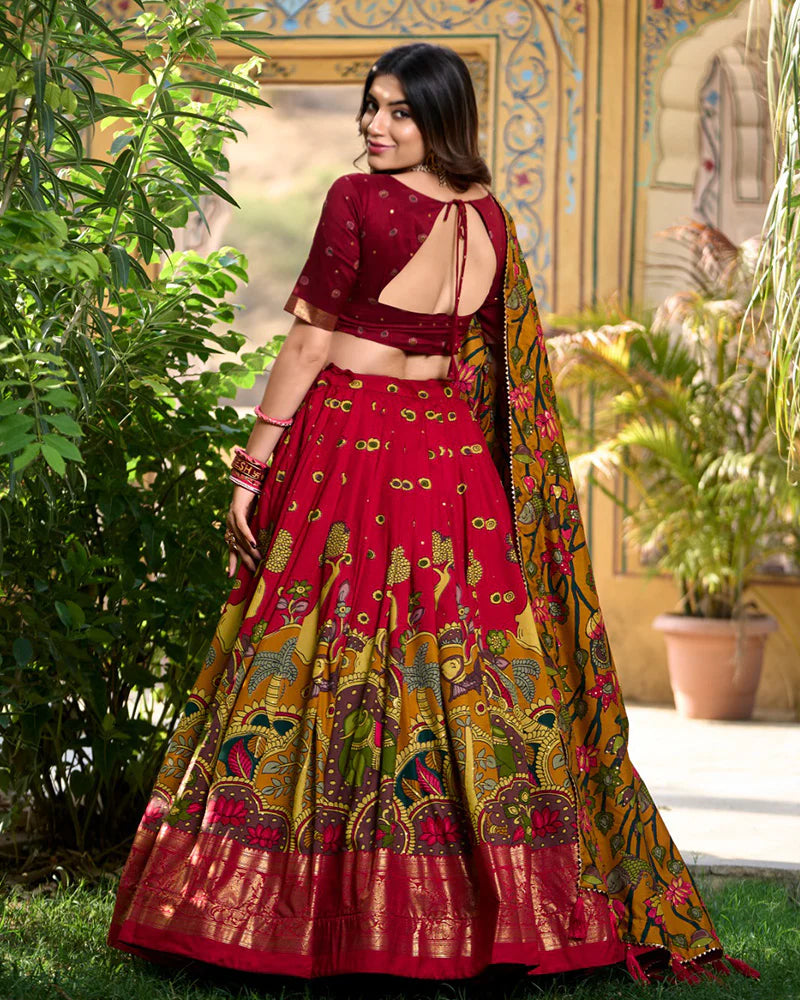 Womenline Red Color Tussar Silk Kalamkari Printed Navratri Lehenga Choli