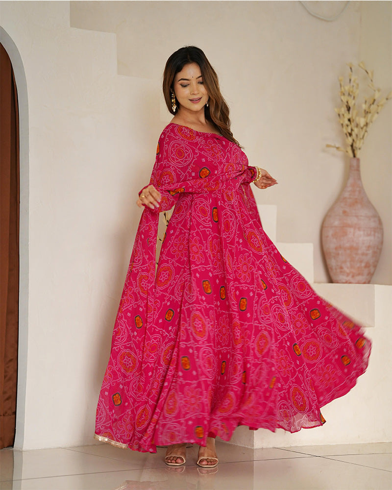 Womenline Rani Pink Color Bandhej Print Soft Chiffon Anarkali Gown