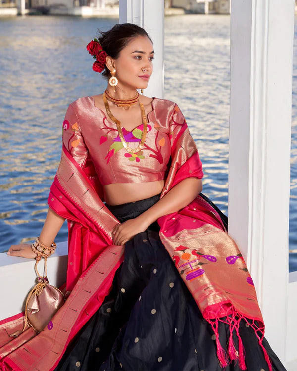 Womenline Black Color Jacquard silk Half Saree