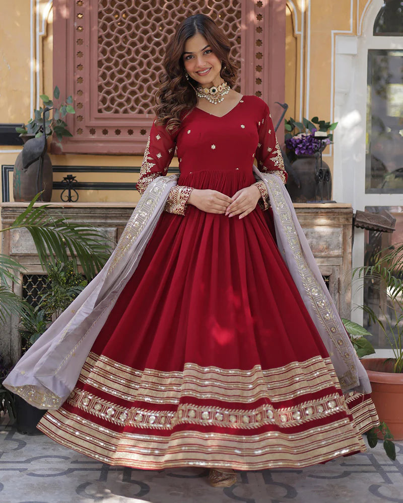 Womenline Rusty Red Color Faux Blooming Zari Embroidered Work Gown