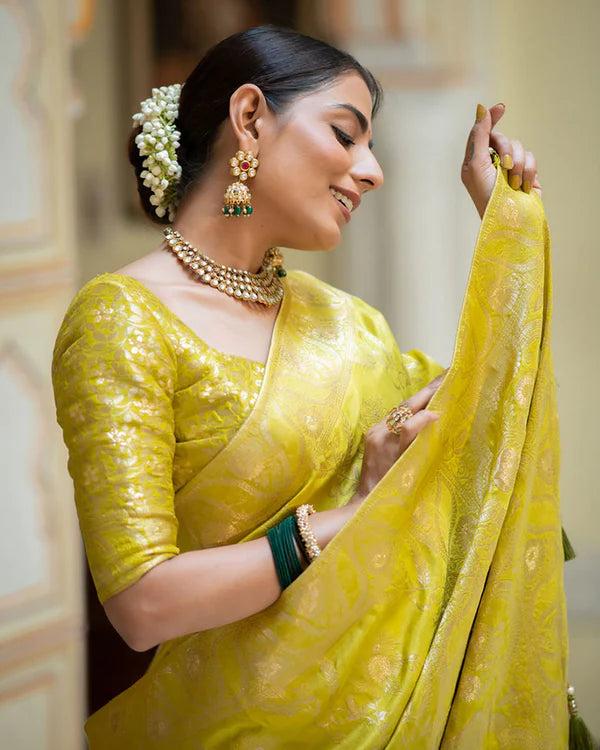 Womenline Lemon Color Banarasi Jacquard Zari Weaving Saree