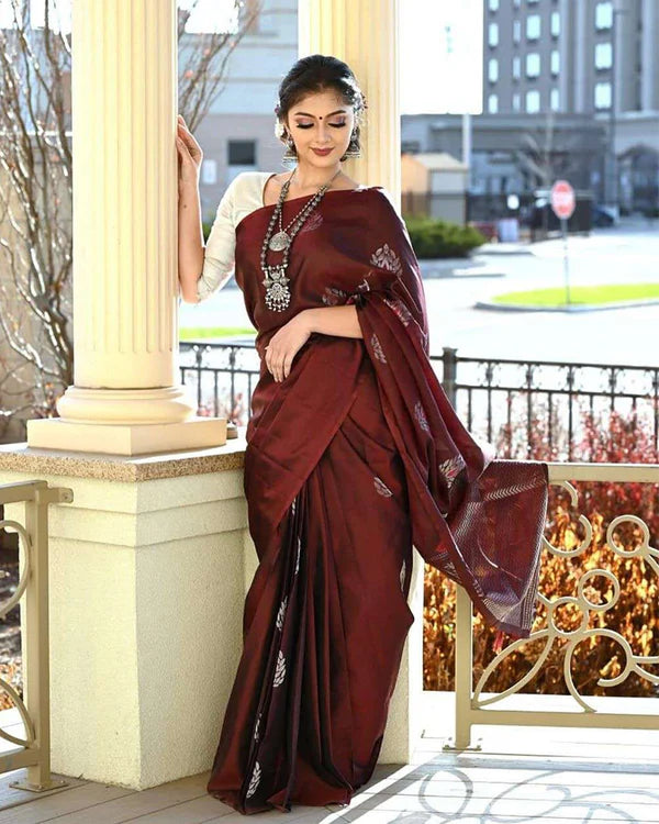 Womenline Maroon Color Banarasi Soft Silk Saree