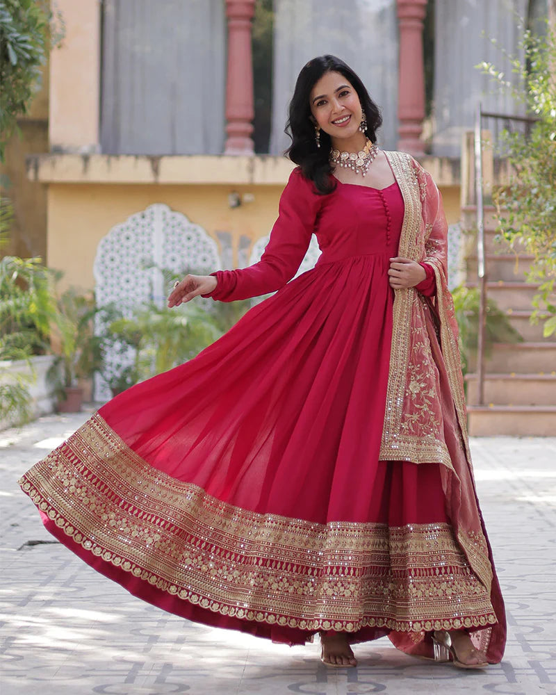Womenline Rani Pink Color Vichitra Shimmer Sequence Embroidered Gown