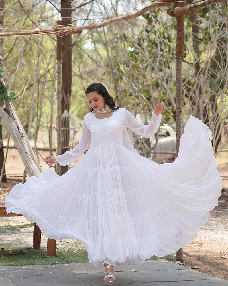 Womenline White Color Designer Embroidered Gown With Dupatta