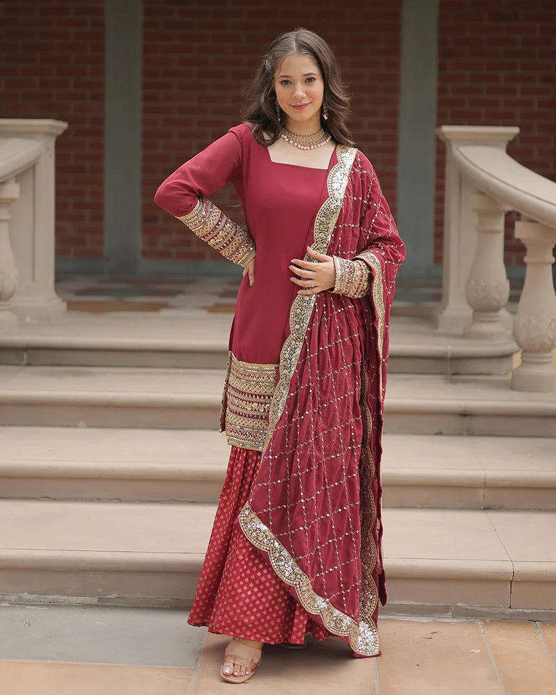 Womenline Maroon Color Georgette And Jacquard Sharara Suit