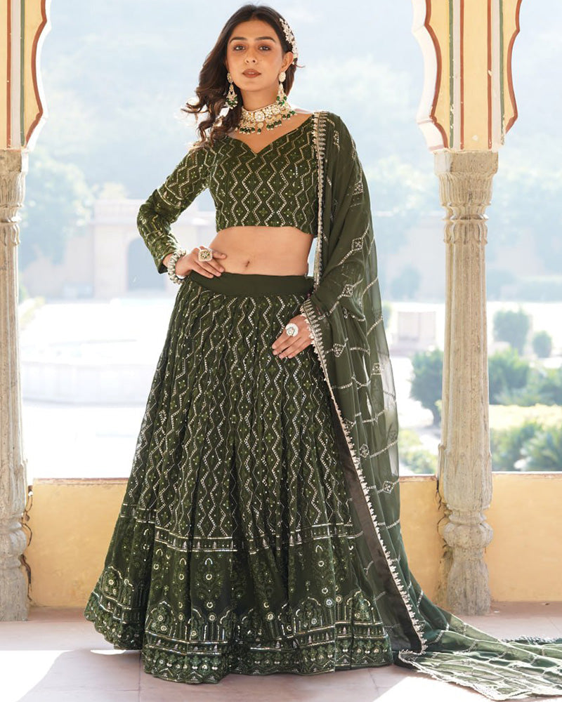 Womenline Dark Green Color Georgette Heavy Embroidery Threaded Semi Stitched Lehenga Choli