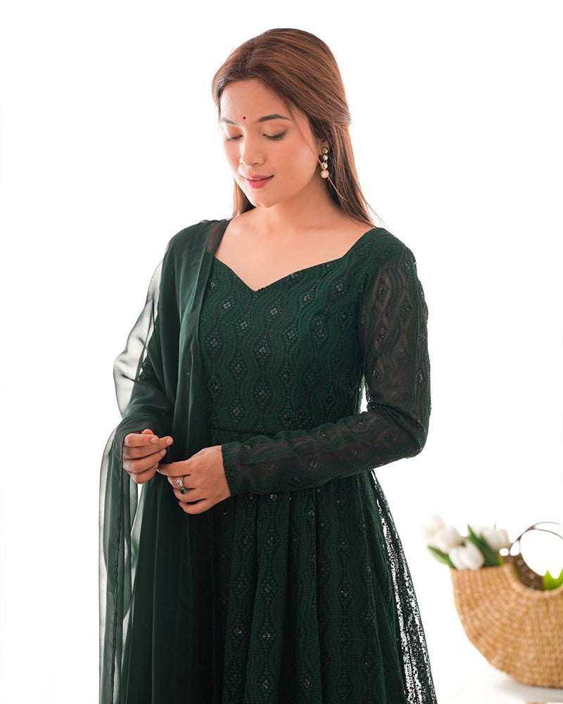 Womenline Green Color Georgette Lucknowi Three Piece Anarkali Suit