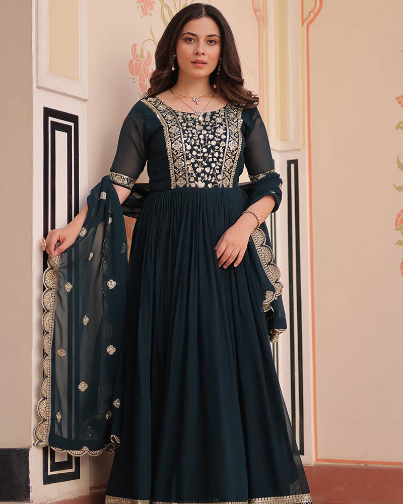Womenline Designer Rama Blue Anarkali Gown with Golden Embroidery