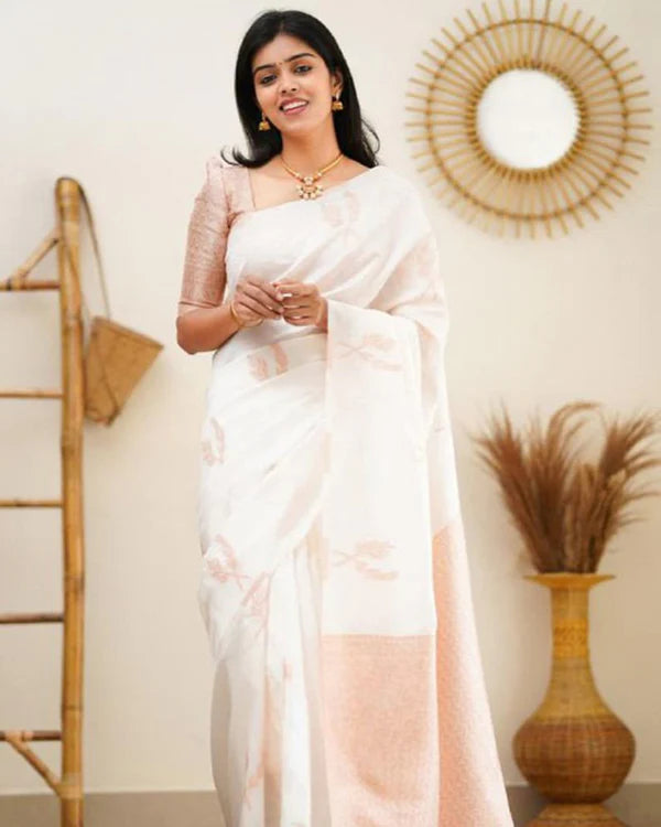 Womenline Copper White Color Banarasi Soft Silk Saree