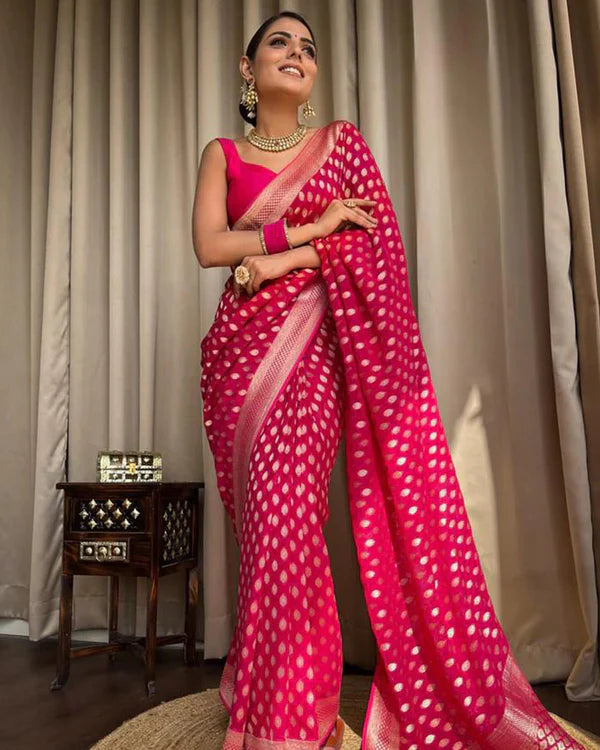 Womenline Beautiful Rani Pink Color Banarasi Jacquard Weaving Saree