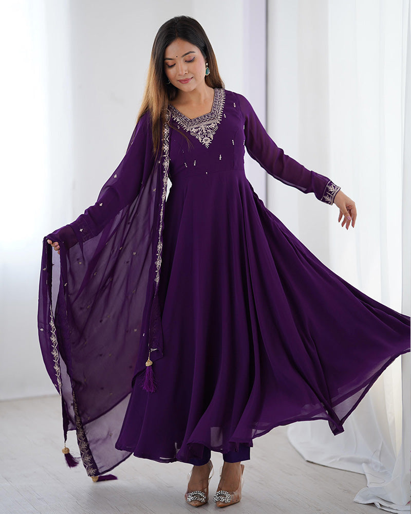 Womenline Purple Color Georgette Embroidered Three Piece Anarkali Suit