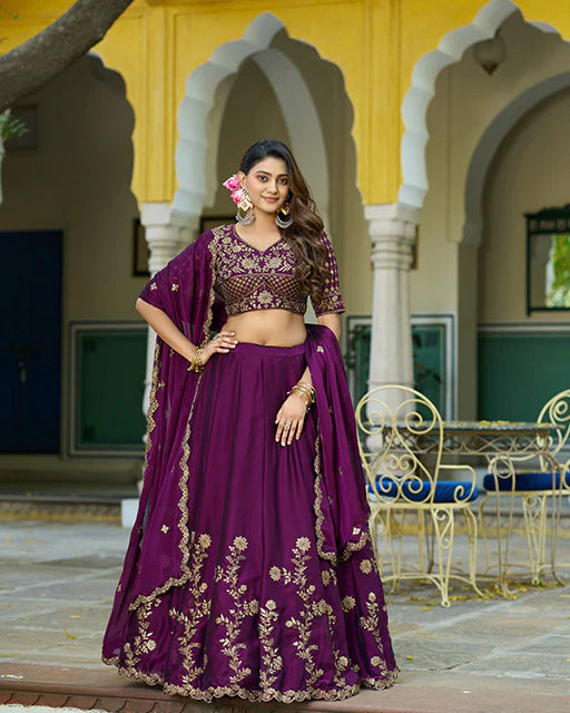 Womenline Wine Color Embroidered Rangoli Silk Lehenga Choli