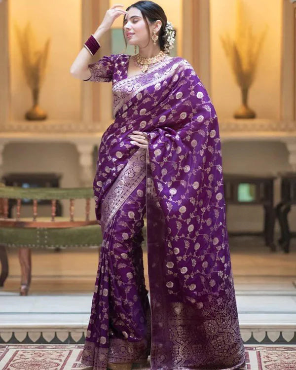 Womenline Purple Color Banarasi Jacquard With Zari Work Saree