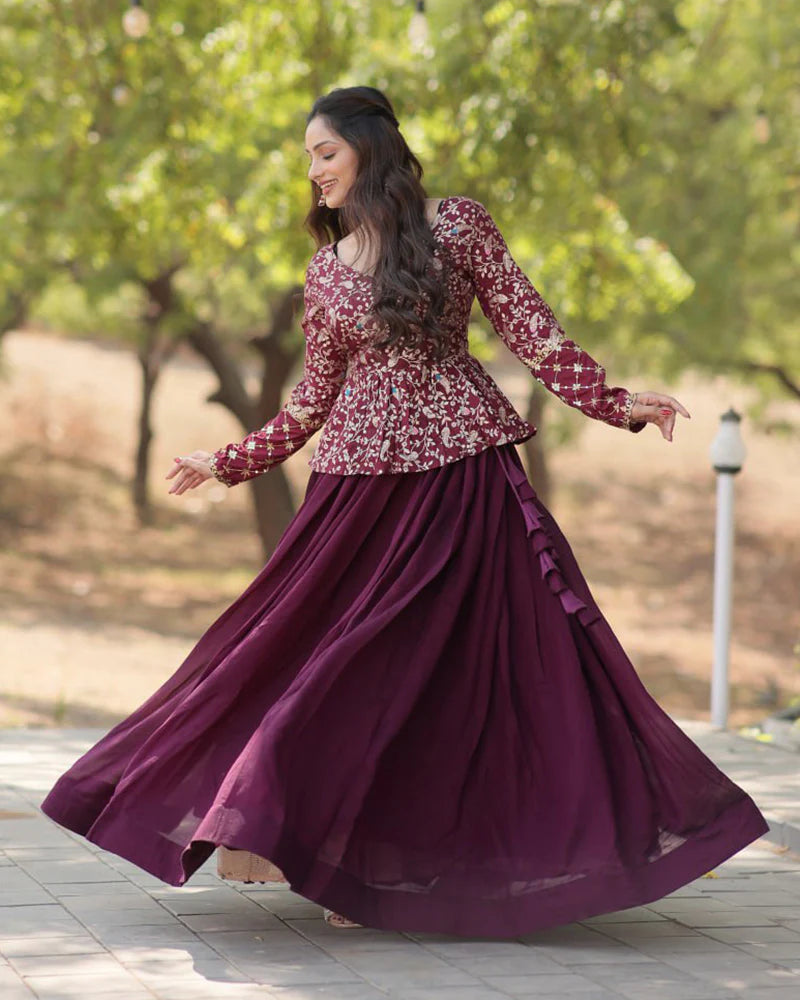 Womenline Wine Color Vichitra Shimmer Crop Top Lehenga Choli