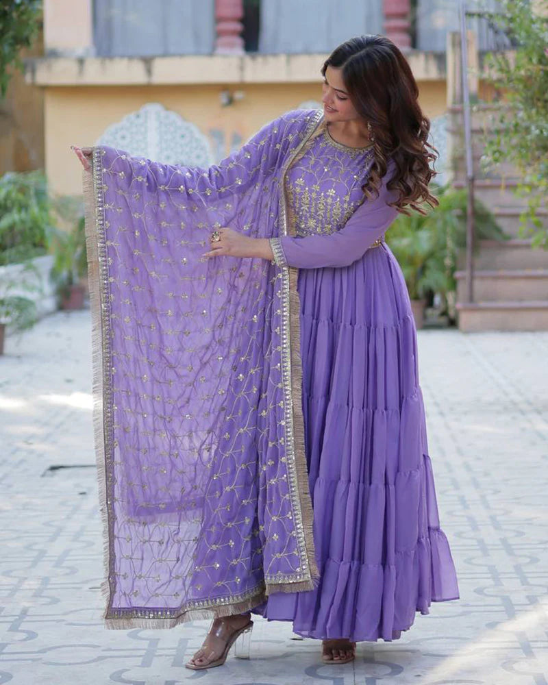Womenline Purple Color Star Georgette Gown With Embroidered Dupatta