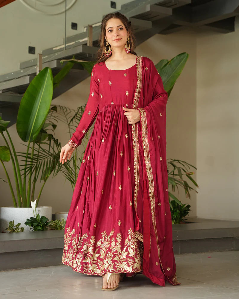 Womenline Red Color Chinnon Sequence Embroidered Gown