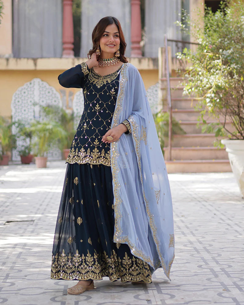 Womenline Rama Color Faux Blooming Embroidered Plazzo Suit