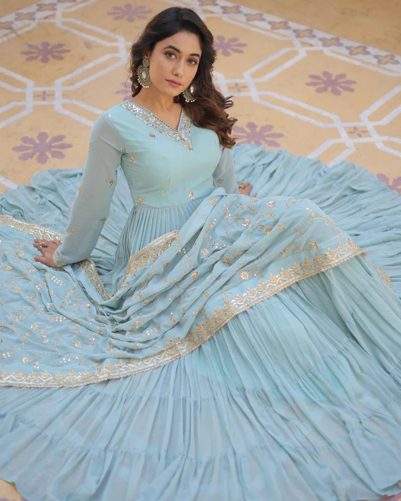 Womenline Sky Color Faux Georgette Designer Anarkali Gown With Dupatta