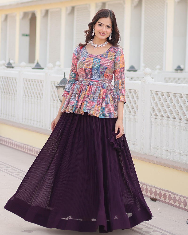 Womenline Wine Color Designer Ready To Wear Crop Top Lehenga Choli