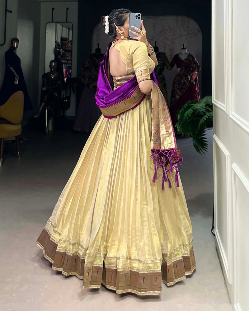 Womenline Cream Color Erode Paithani Silk Lehenga Choli