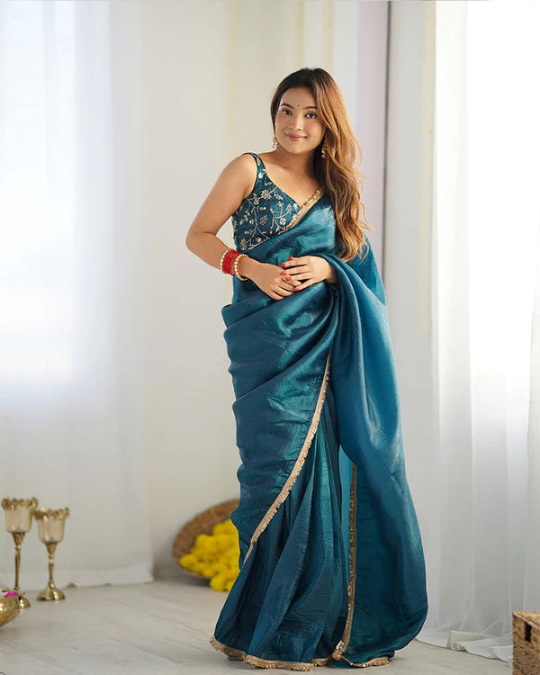 Womenline Teal Blue Color Tissue Silk Saree