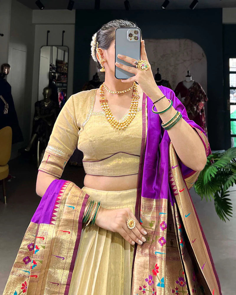 Womenline Cream Color Erode Paithani Silk Lehenga Choli