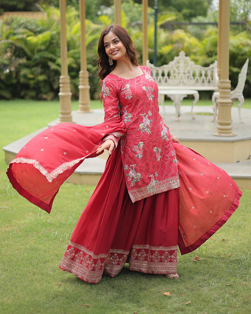 Womenline Rani Pink Color Chinnon Printed Plazzo Suit