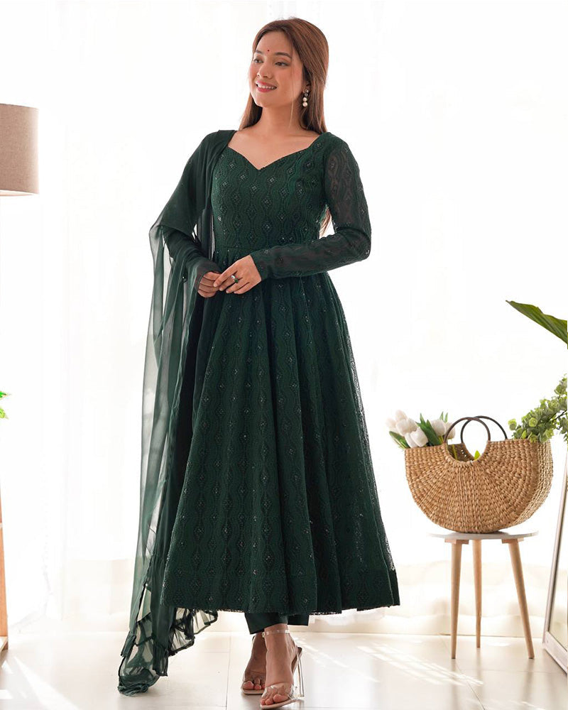Womenline Green Color Georgette Lucknowi Three Piece Anarkali Suit