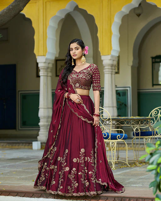 Womenline Dark Maroon Color Rangoli Silk Embroidered Lehenga Choli