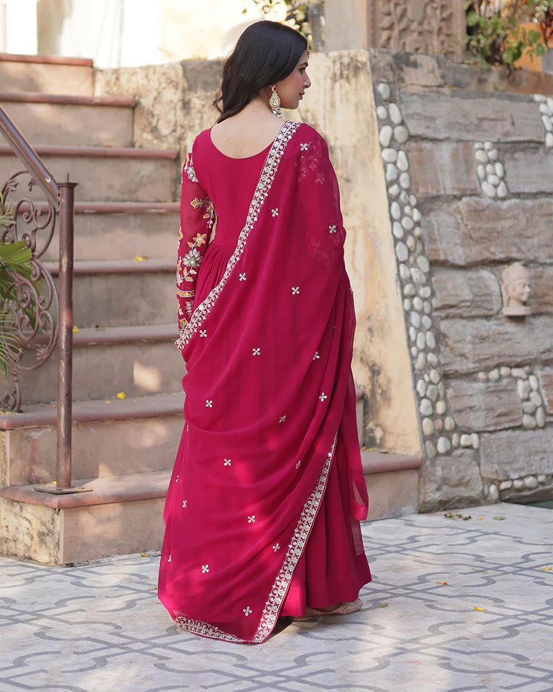 Womenline Rani Pink Color Faux Blooming Zari Embroidered Work Gown