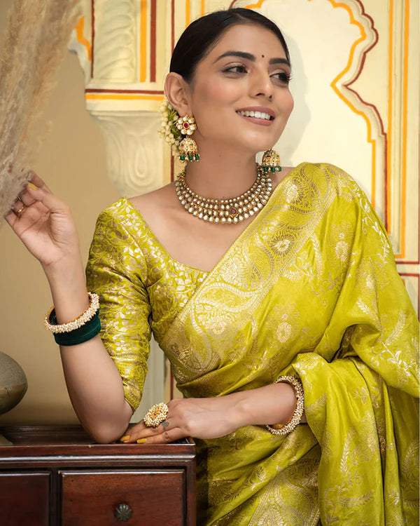 Womenline Lemon Color Banarasi Jacquard Zari Weaving Saree